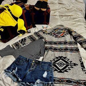 Beach bonfire bundle $75. sweater, shorts, top, bathing suit, accessories.